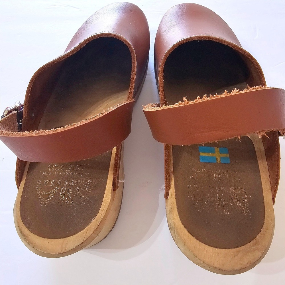 MIA Alma Free People Swedish Wooden Clogs Cognac Brown Leather 38 (7.5) 70s - Picture 5 of 11